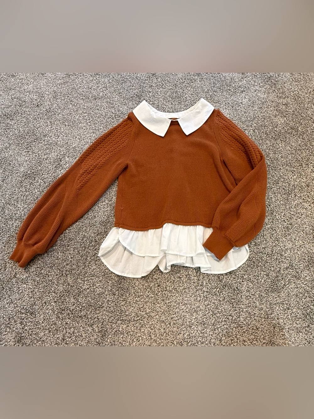 Anthropologie Maeve Rust-Brown Knit Sweater with White Collar & Ruffle Hem